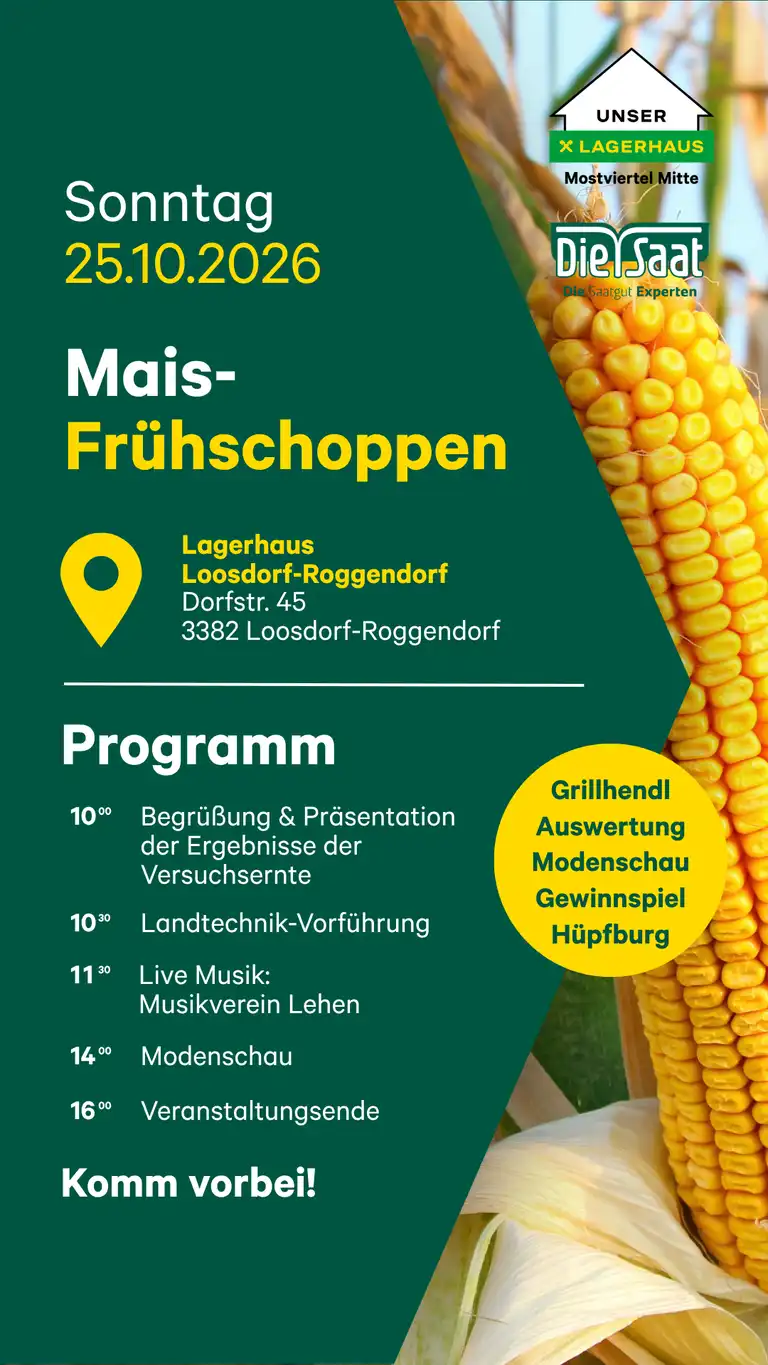 Einladung zum Maisfrühschoppen im Lagerhaus Loosdorf Roggendorf am 25. Oktober 2026